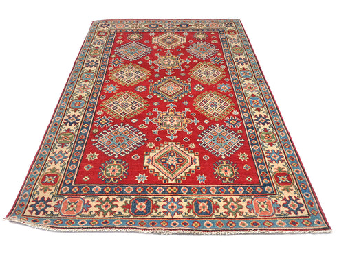 4x7 Red Kuba Afghan Hand Knotted Wool Area Rug